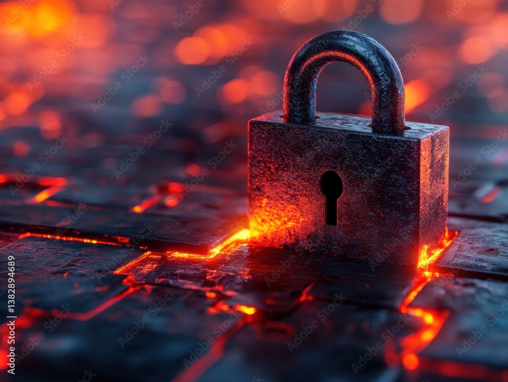Poster cyber security concept with padlock on glowing circuit board for data protection and digital safety