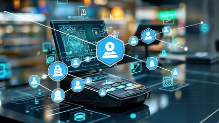 Futuristic pos terminal displaying holographic cyber security information, ensuring secure payment transactions in a retail environment with data encryption and protection against fraud - Powered by Adobe