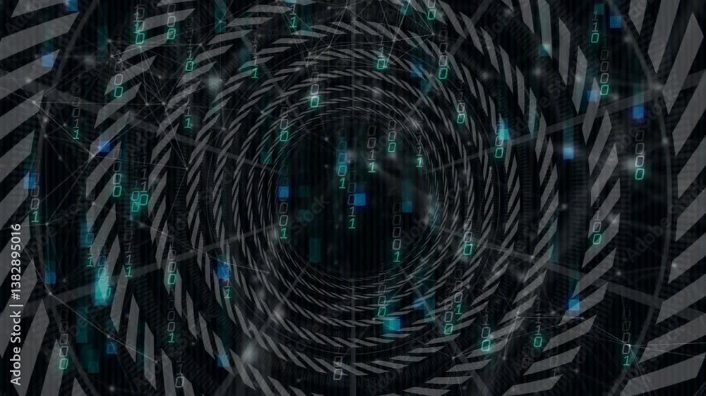 Poster animation of spiral pattern with binary code and geometric shapes in digital vortex