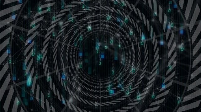 Animation of spiral pattern with binary code and geometric shapes in digital vortex