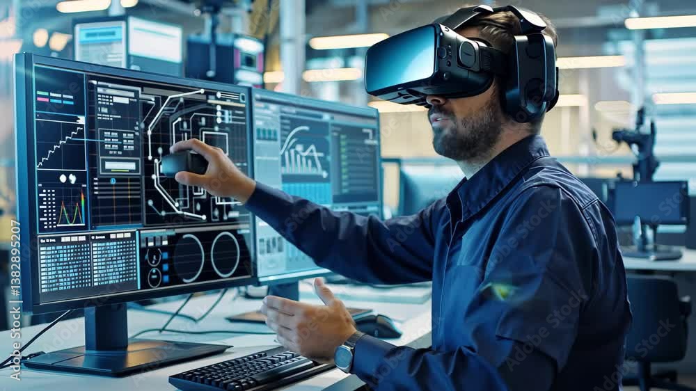 Poster a technician wearing a virtual reality headset observes and manipulates data visualizations on multi