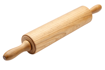 Wooden rolling pin for baking dough and pastry tool on transparent background