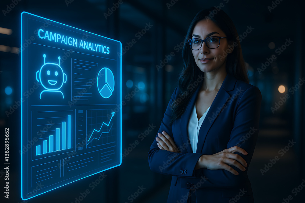 Poster businesswoman standing with futuristic campaign analytics dashboard showing charts graphs and chatbo
