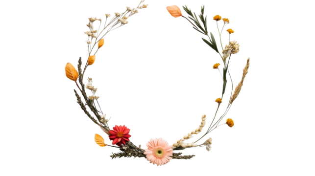 Floral wreath with mixed flowers and plants on black background, cut out transparent - Powered by Adobe