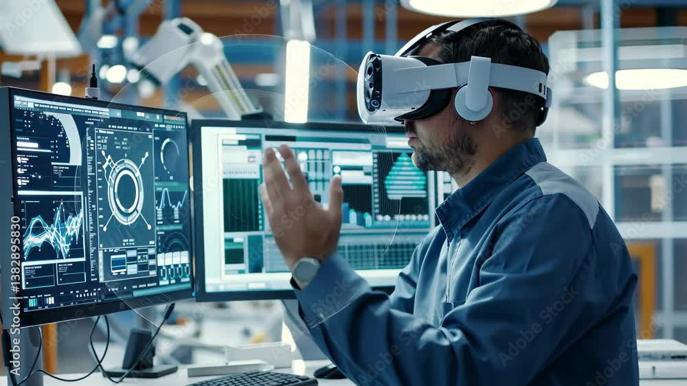 Poster a technician is immersed in a virtual reality experience, analyzing complex data visualizations on s