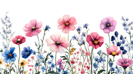 Obraz premium Watercolor painting of flowering meadow with colorful blossoms, cut out transparent