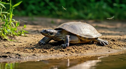 Fototapeta premium A Chinese Softshell Turtle Carefully Using Its Webbed Claws to Dig a Nest in the Damp Sand of a Secluded Riverbank-