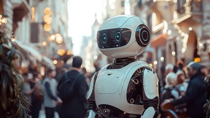 Obraz premium Dancing Robot in Vibrant Downtown Square with Street Performers and Musicians, Energetic Atmosphere, Colorful Costumes, Engaging Audience, Urban Festivity