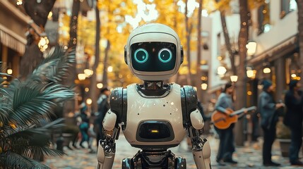 Dancing Robot in Vibrant Downtown Square, a lively scene filled with street performers, musicians, and an energetic crowd, showcasing creativity and urban culture.