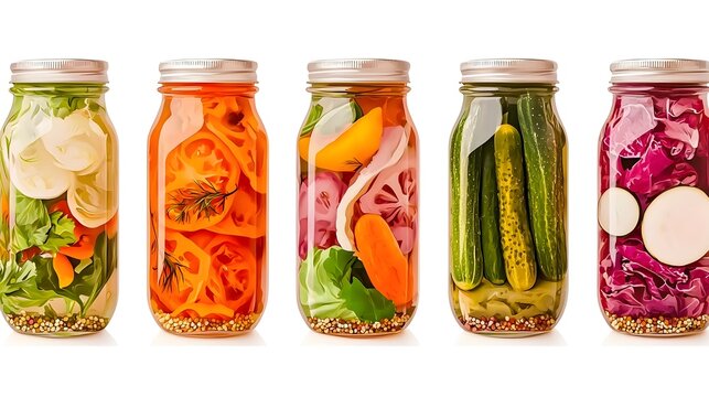 An arrangement of various pickled vegetables including carrots beets cucumbers and peppers presented in a neat row of glass jars against a plain white background