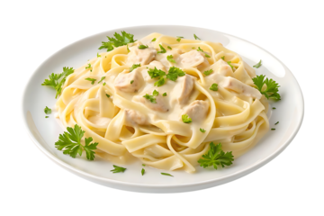 Creamy chicken fettuccine alfredo pasta recipe dish on transparent background