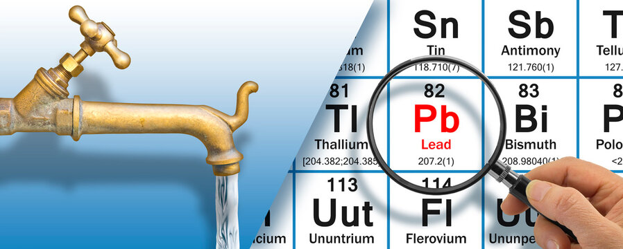PRESENCE OF LEAD IN DRINKING WATER - Concept with the Mendeleev periodic table, old water brass faucet and magnifying glass