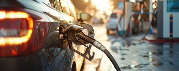 Fuel pump inserted in car at a gas station, refueling with gasoline or diesel, blurred city street in the background