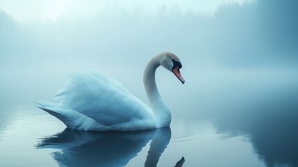 Obraz premium Swan Swimming Calmly on Misty Lake Water with Forest Background