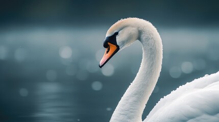 Obraz premium Swan Swimming in Water with Droplets on Feathers in Serene Setting