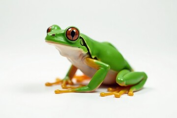 Obraz premium Green tree frog perched on white, vibrant skin, biology, eyes