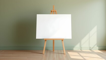 Wooden easel, blank white canvas, soft natural lighting, minimalist studio setting, pale green wall, hardwood floor, shadows cast on wall