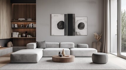 
A bright and airy living space with a minimalist and neutral color palette. 
