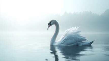 Fototapeta premium White Swan Swimming Calmly on Lake During Misty Morning Scenery