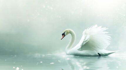 Obraz premium Graceful White Swan Swimming Peacefully on Calm Water in Soft Light