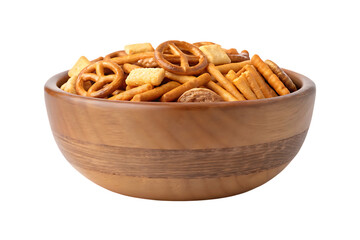 Delicious snack mix in wooden bowl food photography on transparent background