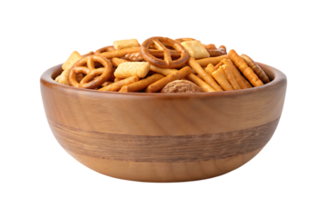 Delicious snack mix in wooden bowl food photography on transparent background