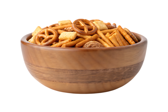 Delicious snack mix in wooden bowl food photography on transparent background