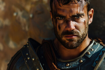 Obraz premium Generative AI image of a fierce ancient gladiator in battle-worn armor and helmet, inspired by Greek warriors