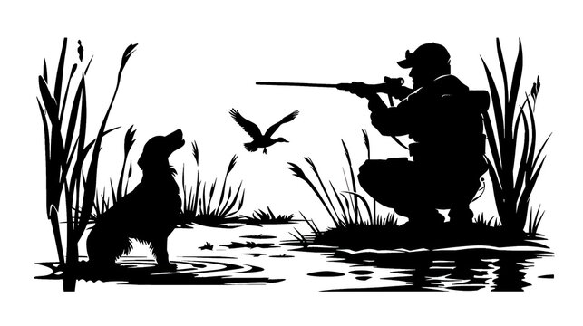 Duck hunting scene, hunter with rifle and dog on the shore of a lake, flying ducks in the sky
