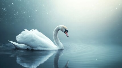 Obraz premium Elegant White Swan Swimming Calmly in Water with Reflection and Light