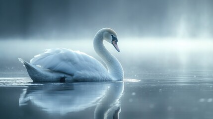 Fototapeta premium Swan Swimming Peacefully on Misty Lake Reflecting Light in Water