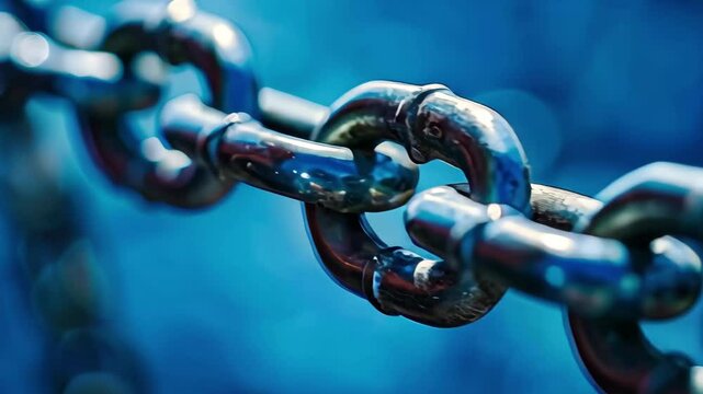 The strong and durable metallic chain links are prominently displayed against a deep blue background, highlighting their texture and interconnections in sharp focus.