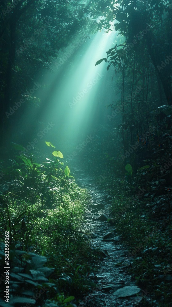 Aufkleber enchanting forest path bathed in ethereal light rays creating a mystical and serene atmosphere with 