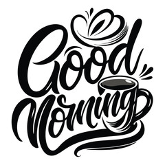 Good Morning line art icon sign sketch freehand outline silhouette vector illustration on white background with fun brush ink typography for photo overlays t-shirt print flyer poster design 