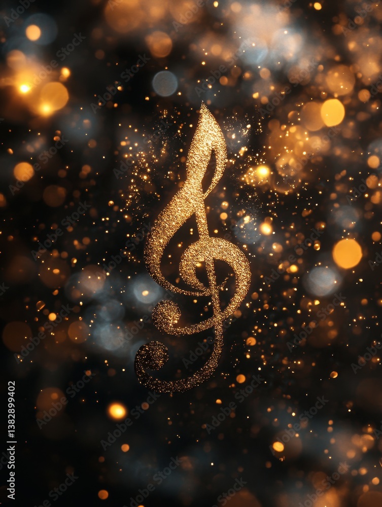 Poster golden treble clef music note on dark background with bokeh lights creating a magical musical atmosp
