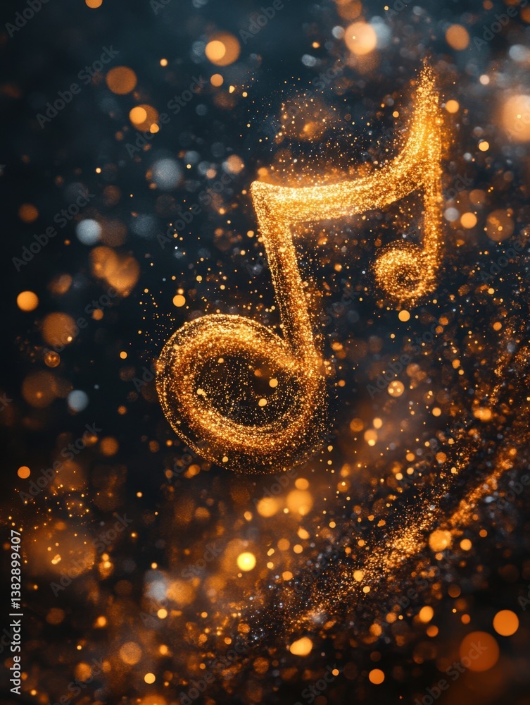 Aufkleber golden musical note floating in a dark space filled with glittering particles creating a magical and