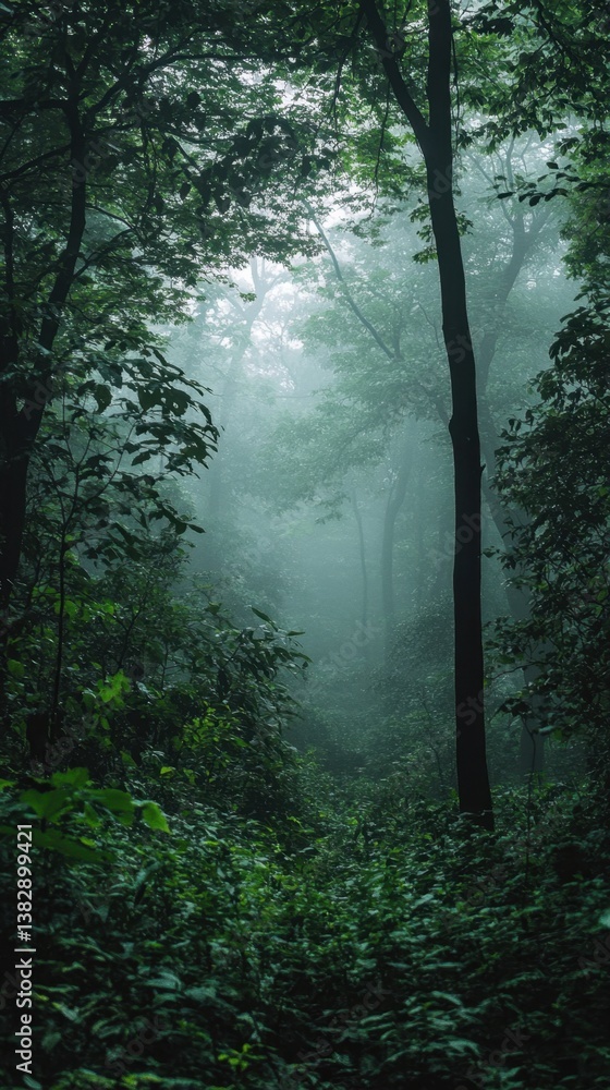 Poster misty forest path through lush green foliage and towering trees creating an ethereal and tranquil sc