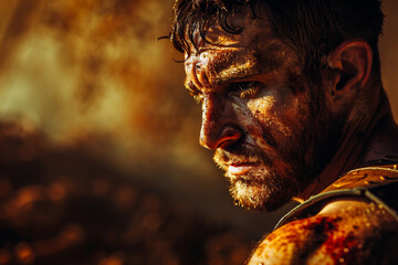 Generative AI image of a fierce ancient gladiator in battle-worn armor and helmet, inspired by Greek warriors