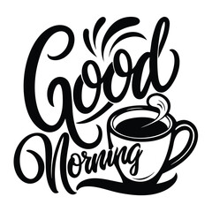 Good Morning line art icon sign sketch freehand outline silhouette vector illustration on white background with fun brush ink typography for photo overlays t-shirt print flyer poster design 