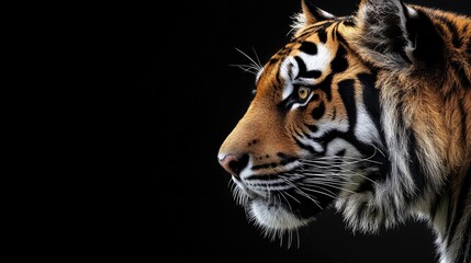 Fototapeta premium Tiger Close-up Profile View on Black Background Showing Detailed Fur
