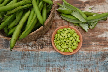 peeled broad beans without pods, freshly harvested from the vegetable garden, ready to eat.