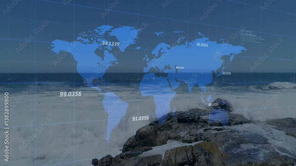 Poster animation of numerical data overlaying world map in school geography lesson