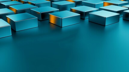 Glossy blue cubes cascade on a dark blue surface, creating a geometric pattern with light reflection