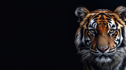 Fototapeta premium Tiger Face Closeup on Dark Background Intense Wildlife Portrait