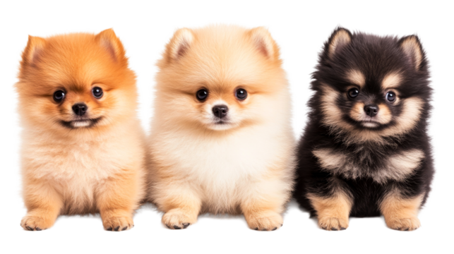 Three adorable Pomeranian puppies in a row, studio shot, cut out transparent