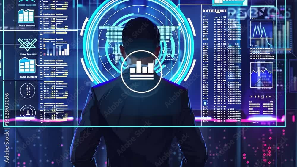 Poster a business professional stands in a dimly lit office, intently analyzing interactive data displayed 
