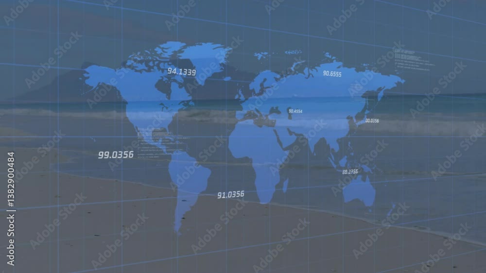Aufkleber animation of world map overlaying ocean landscape with numerical data in school