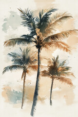 Tropical exotic palm trees close up detail watercolor background natural design, neutral colors.