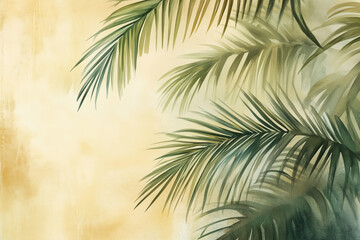 Obraz premium Tropical exotic palm trees close up detail watercolor background natural design, neutral colors.