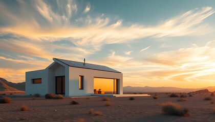 Fototapeta premium Modern minimalist house, solar panels, desert landscape, golden hour, wispy clouds, sustainable architecture, off-grid living, eco-friendly design